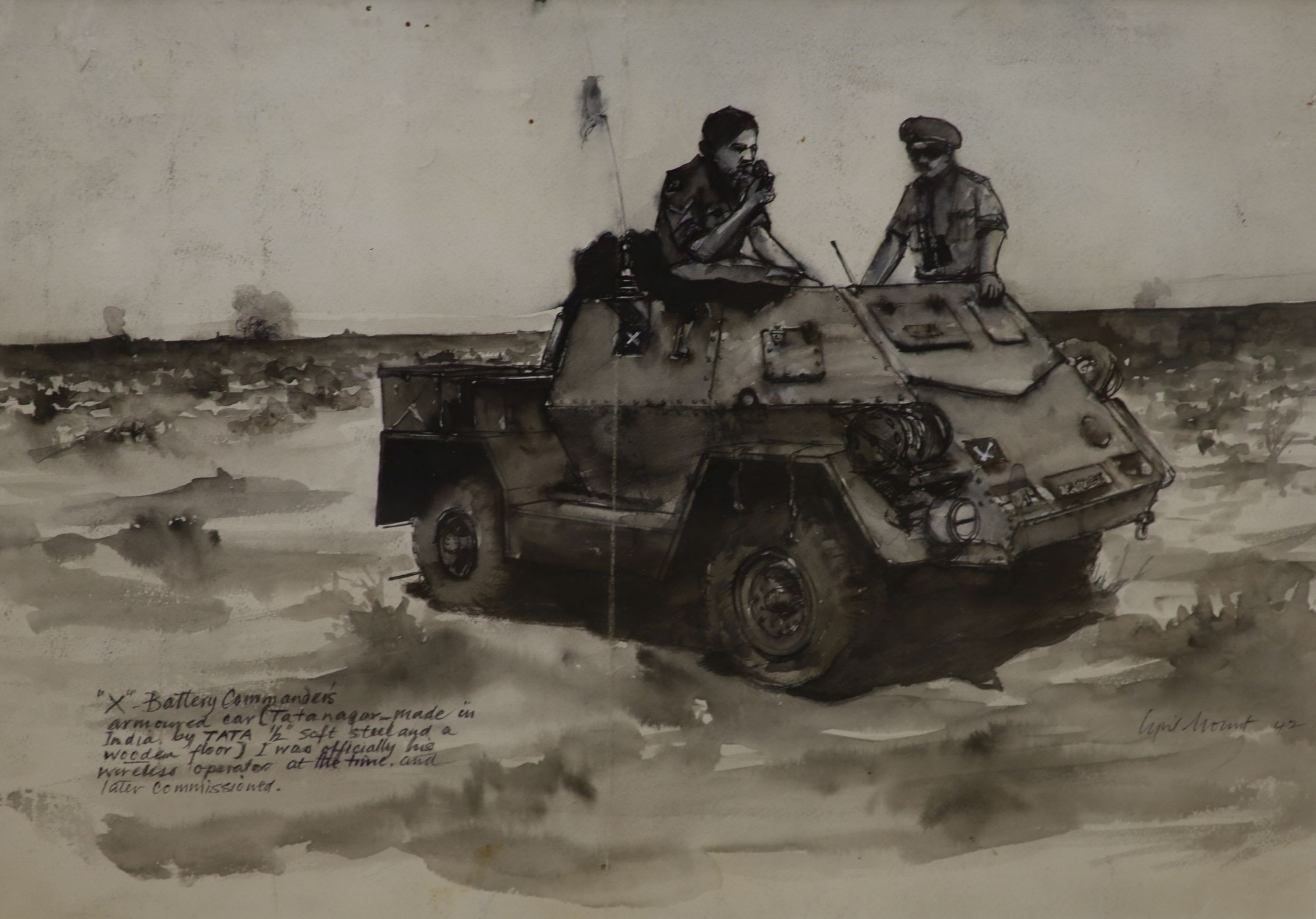 Cyril Mount (1920-2013), ink and wash, ‘X Battery Commanders, armoured car..’, signed and dated ‘42, 26 x 38cm.